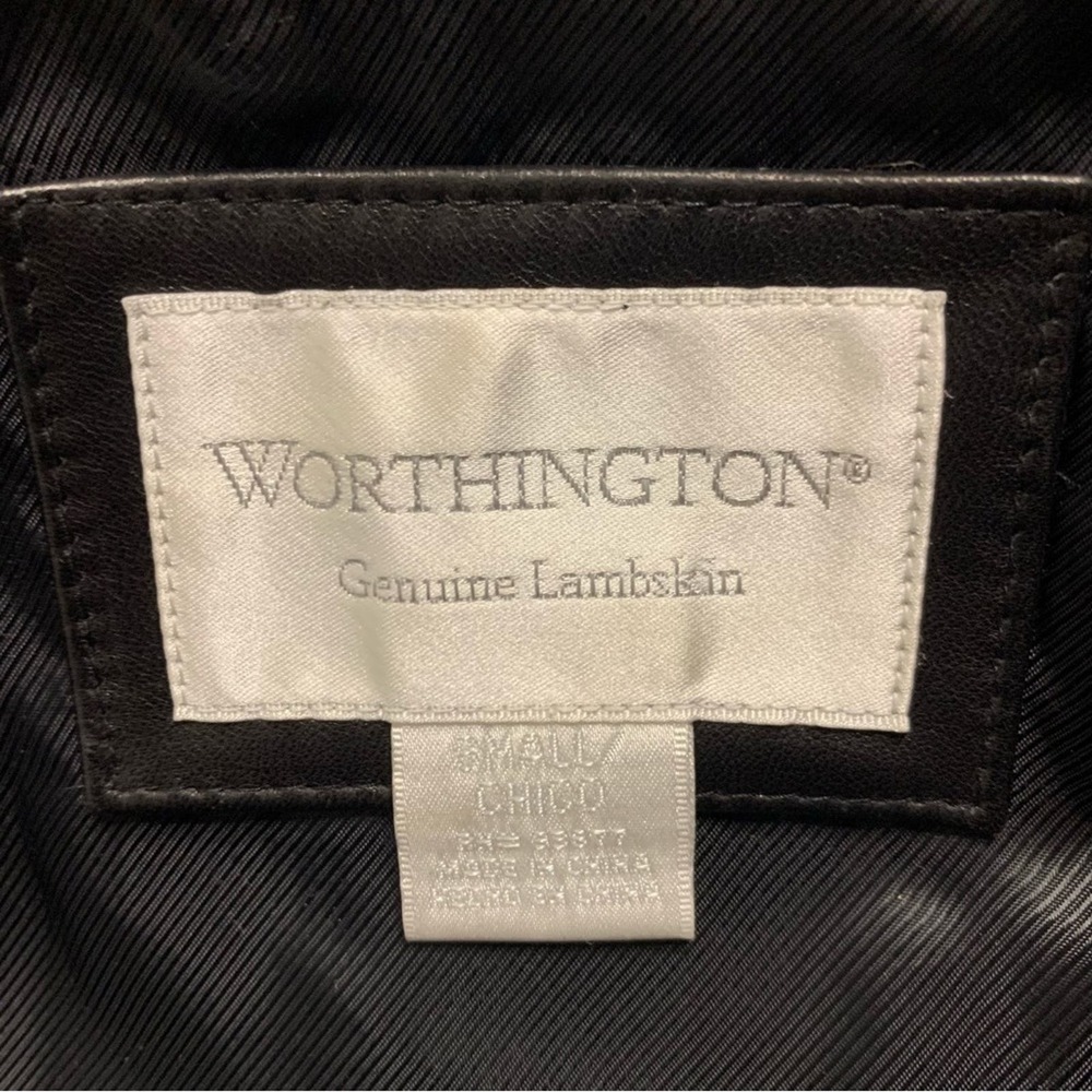 WORTHINGTON Genuine Lambskin Leather Black Zip-Up Jacket Oversized Faux Fur Hood - Picture 7 of 9